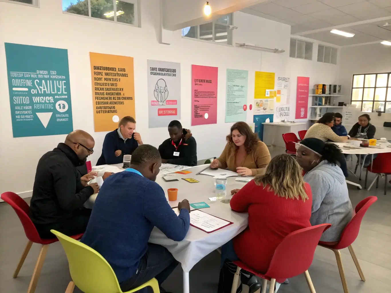 A dynamic image of a diverse group of South African professionals participating in a leadership development workshop, led by a wheelspot.uno coach, showcasing active engagement and collaborative learning.