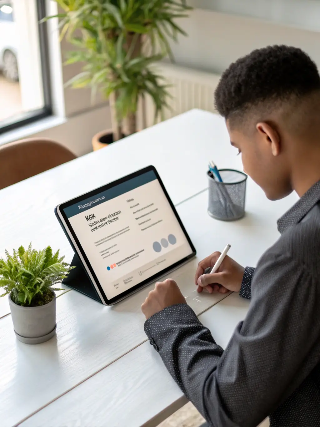 A user interacting with the Wheelspot interactive leadership skills quiz on a tablet, analysing their results and development recommendations.
