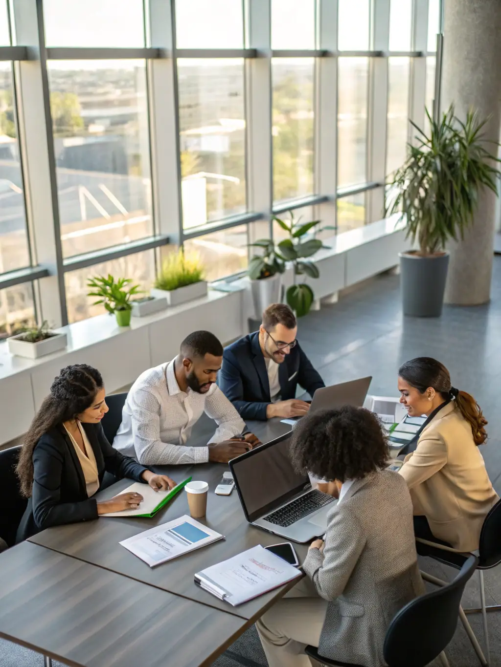 A diverse group of South African business professionals collaborating in a modern office, brainstorming ideas and strategies during a Wheelspot coaching session.